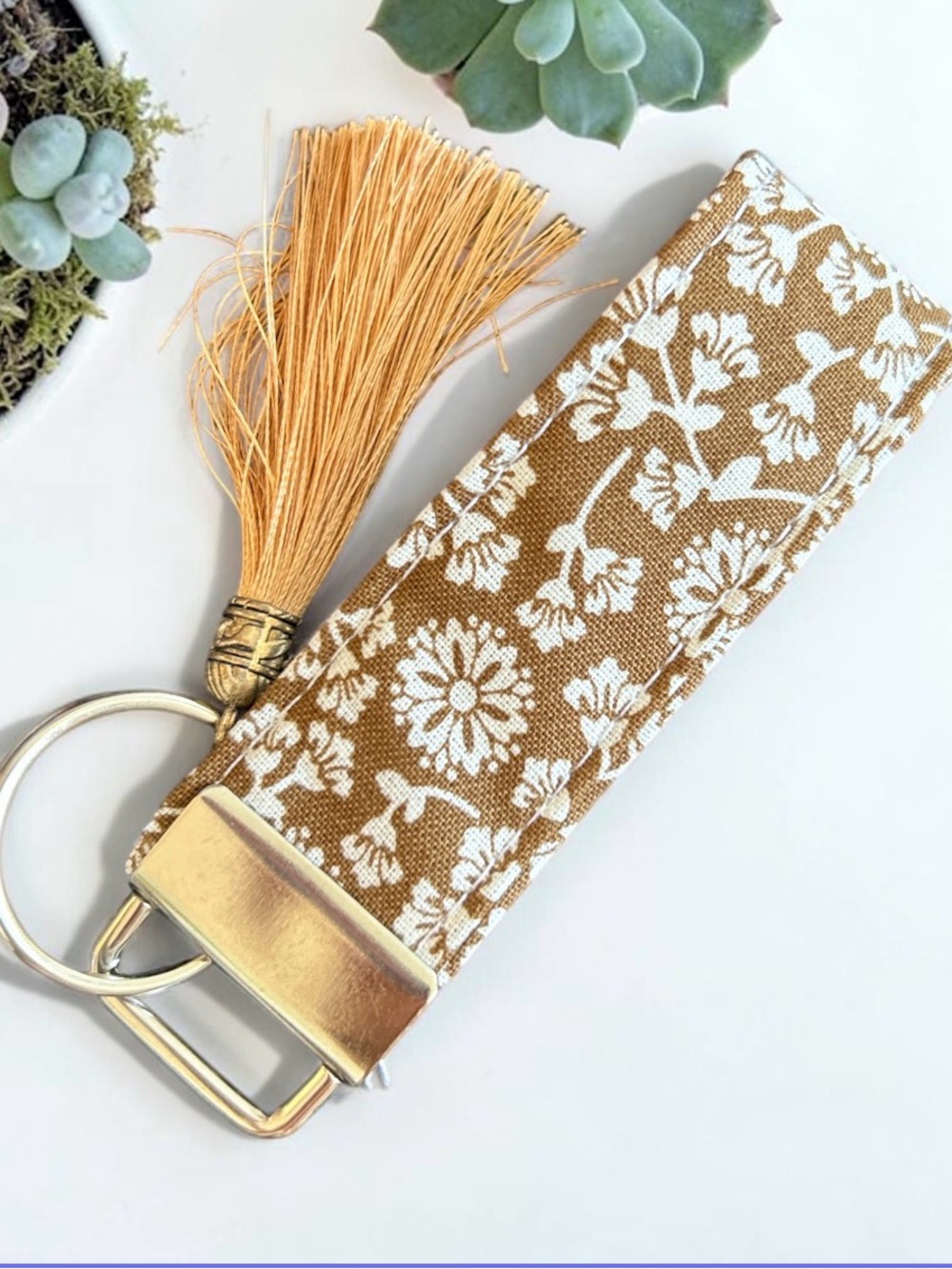 Womens Mustard Floral Fabric Key Fob with Tassel